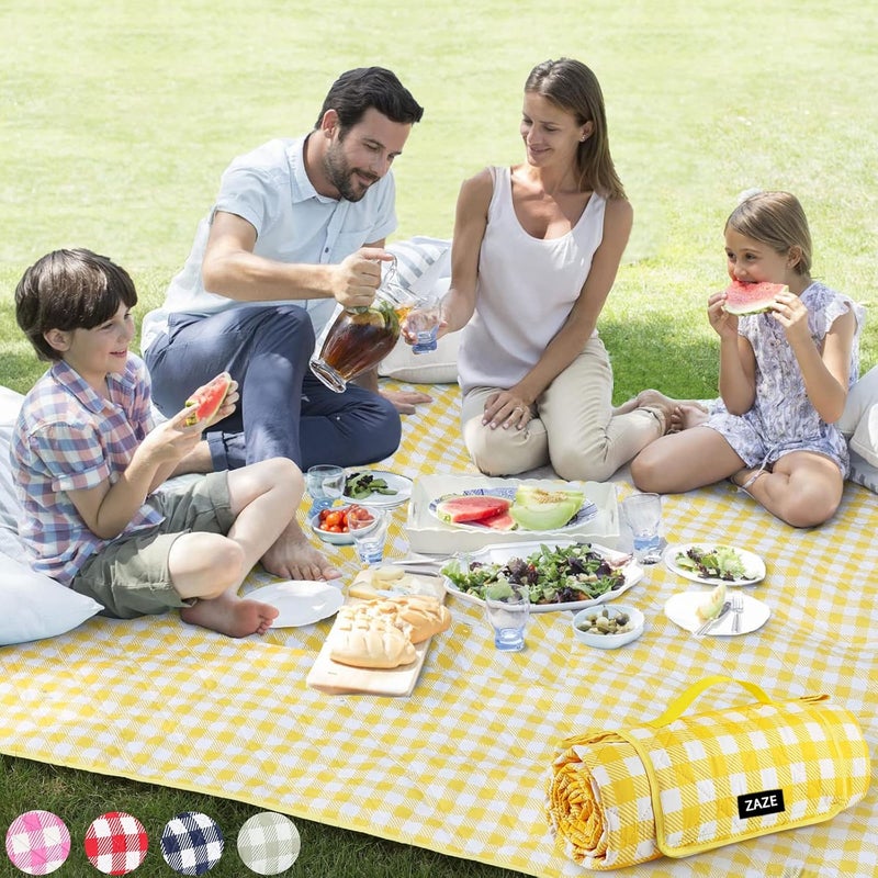 ZAZE Extra Large Picnic Blankets, 80''x80'' Washable Waterproof Foldable Oversized Compact Picnic Mat for Spring Summer Blanket Beach, Camping on Grass (Yellow and White) - Image 1